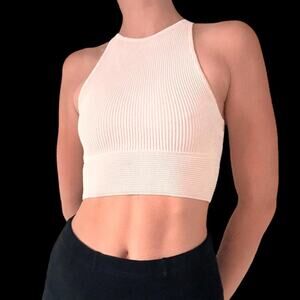 Babaton aritzia white sculpt knit high neck ribbed cropped tank top - size XXS